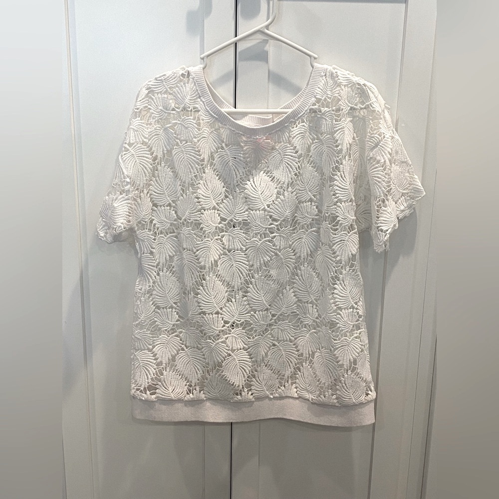 Lilly Pulitzer Resort White Open Lace Short Sleeve Scoop Neck Pullover Top  M